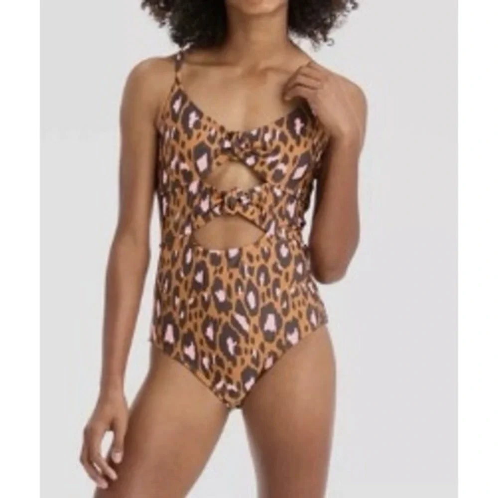Art Class Girls Leopard Print One Piece Swimsuit Cutout Tie Brown Pink L 10/12